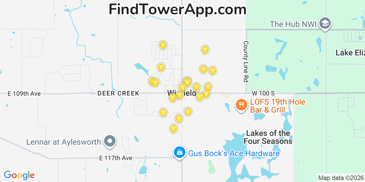 Map showing the 20 primary cell tower locations detected in Winfield, Indiana from AT&T, Verizon, and T-Mobile networks