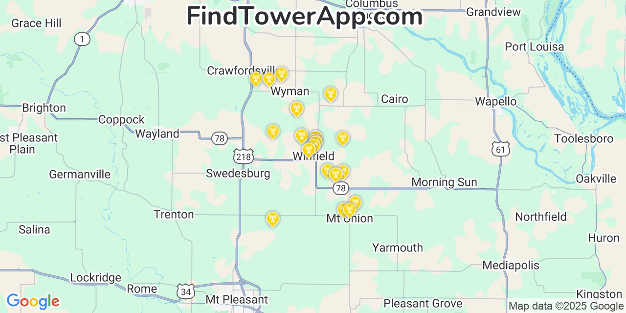 Map showing the 20 primary cell tower locations detected in Winfield, Iowa from AT&T, Verizon, and T-Mobile networks