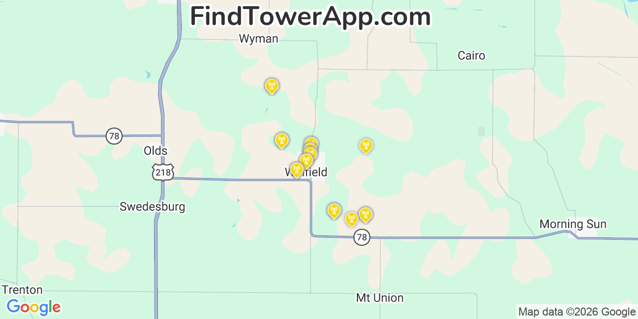 Map showing the 20 primary cell tower locations detected in Winfield, Iowa from AT&T, Verizon, and T-Mobile networks