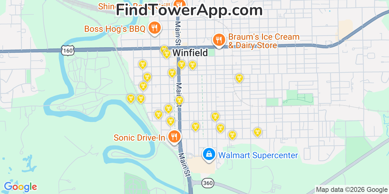 Map showing the 20 primary cell tower locations detected in Winfield, Kansas from AT&T, Verizon, and T-Mobile networks