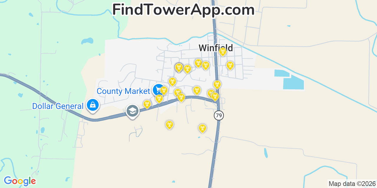 Map showing the 20 primary cell tower locations detected in Winfield, Missouri from AT&T, Verizon, and T-Mobile networks