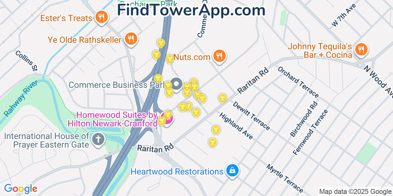 Map showing the 20 primary cell tower locations detected in Winfield, New Jersey from AT&T, Verizon, and T-Mobile networks