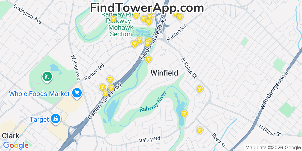 Map showing the 20 primary cell tower locations detected in Winfield, New Jersey from AT&T, Verizon, and T-Mobile networks
