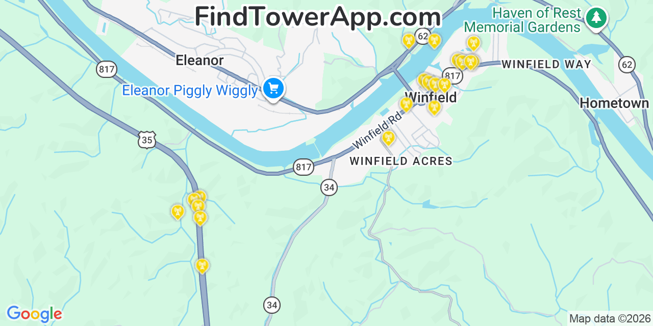 Map showing the 20 primary cell tower locations detected in Winfield, West Virginia from AT&T, Verizon, and T-Mobile networks