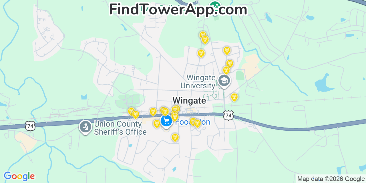 Map showing the 20 primary cell tower locations detected in Wingate, North Carolina from AT&T, Verizon, and T-Mobile networks