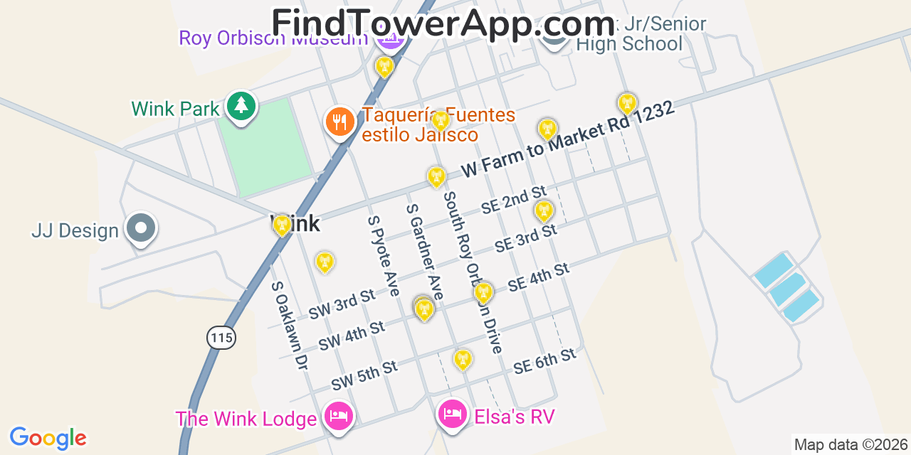 Map showing the 20 primary cell tower locations detected in Wink, Texas from AT&T, Verizon, and T-Mobile networks