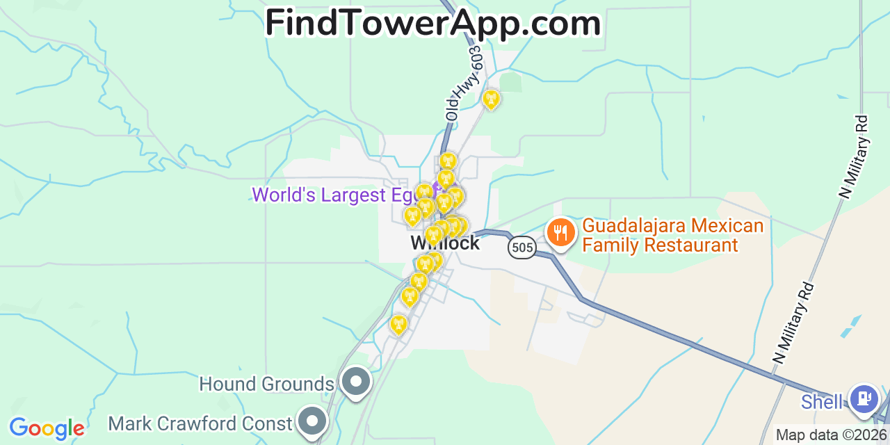 Map showing the 20 primary cell tower locations detected in Winlock, Washington from AT&T, Verizon, and T-Mobile networks