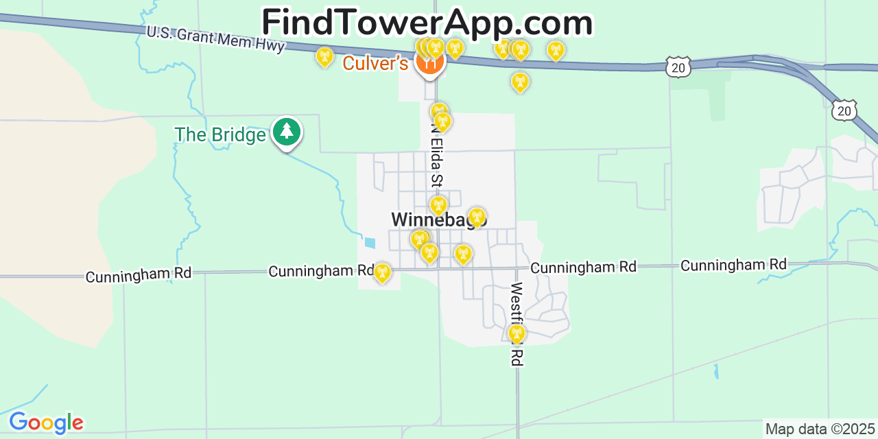 Map showing the 20 primary cell tower locations detected in Winnebago, Illinois from AT&T, Verizon, and T-Mobile networks