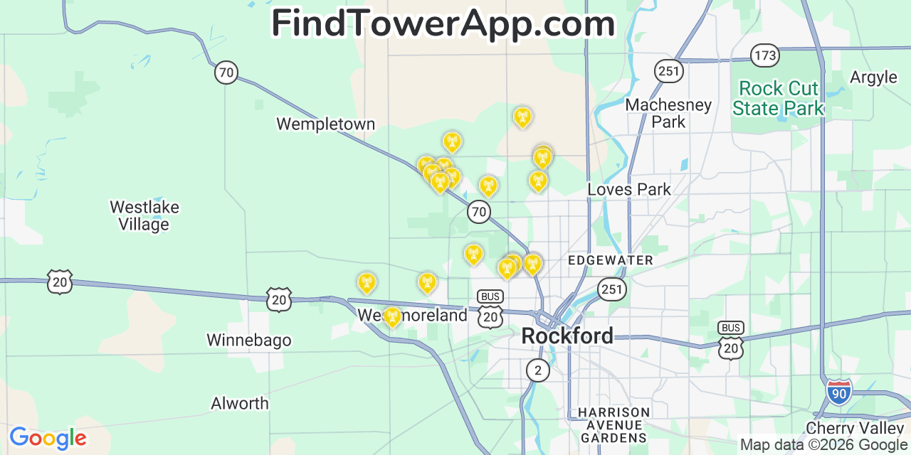 Map showing the 20 primary cell tower locations detected in Winnebago, Illinois from AT&T, Verizon, and T-Mobile networks