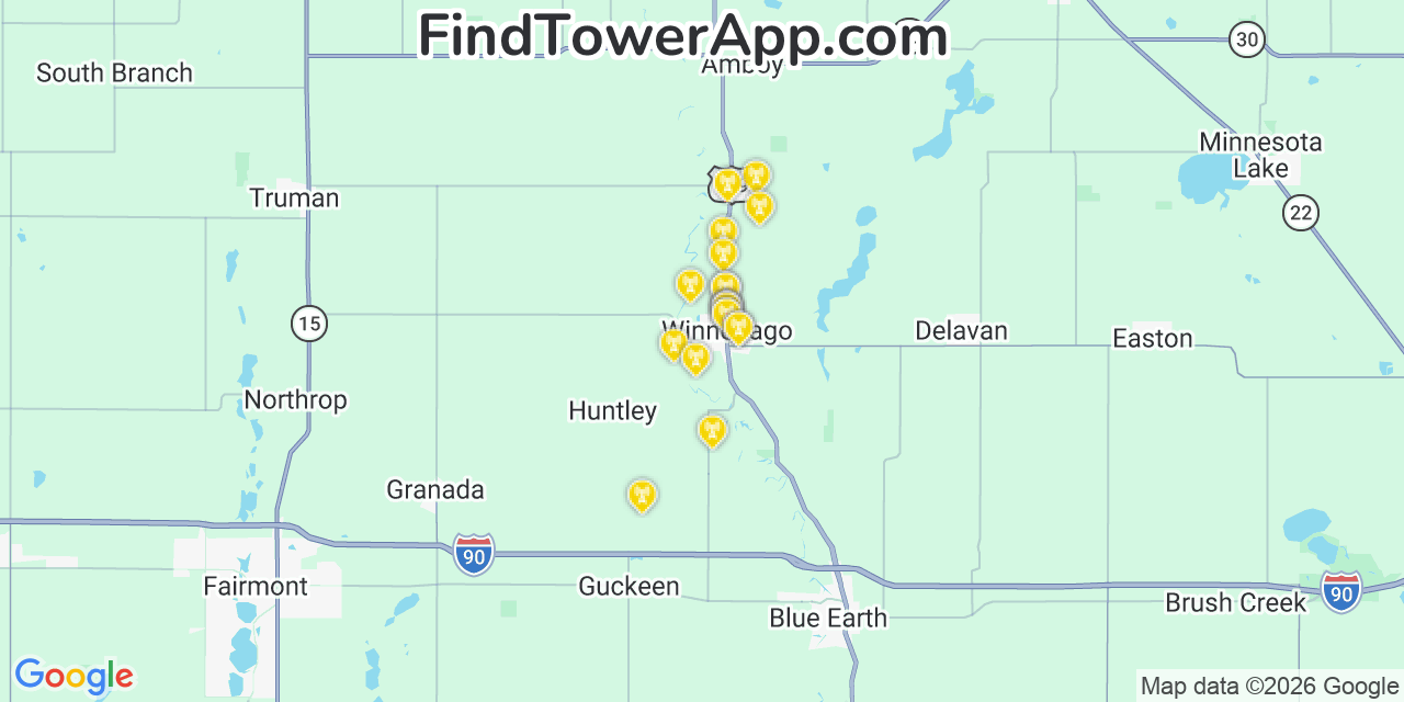 Map showing the 20 primary cell tower locations detected in Winnebago, Minnesota from AT&T, Verizon, and T-Mobile networks