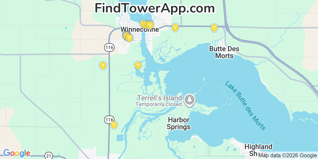 Map showing the 20 primary cell tower locations detected in Winneconne, Wisconsin from AT&T, Verizon, and T-Mobile networks