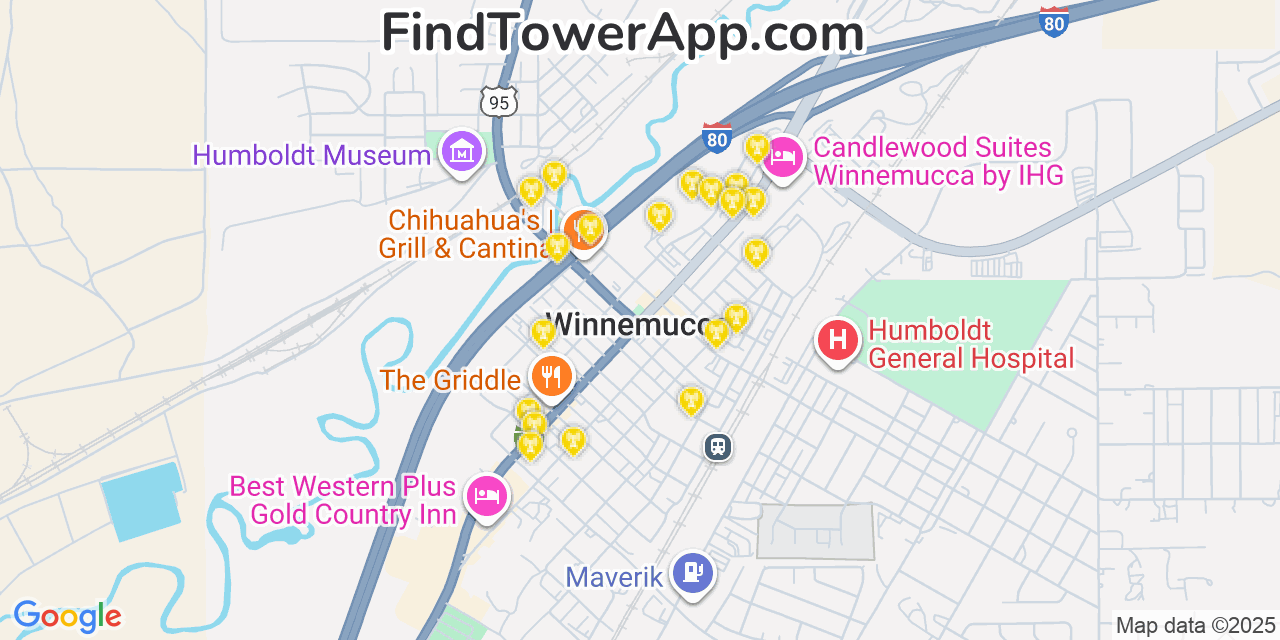 Map showing the 20 primary cell tower locations detected in Winnemucca, Nevada from AT&T, Verizon, and T-Mobile networks