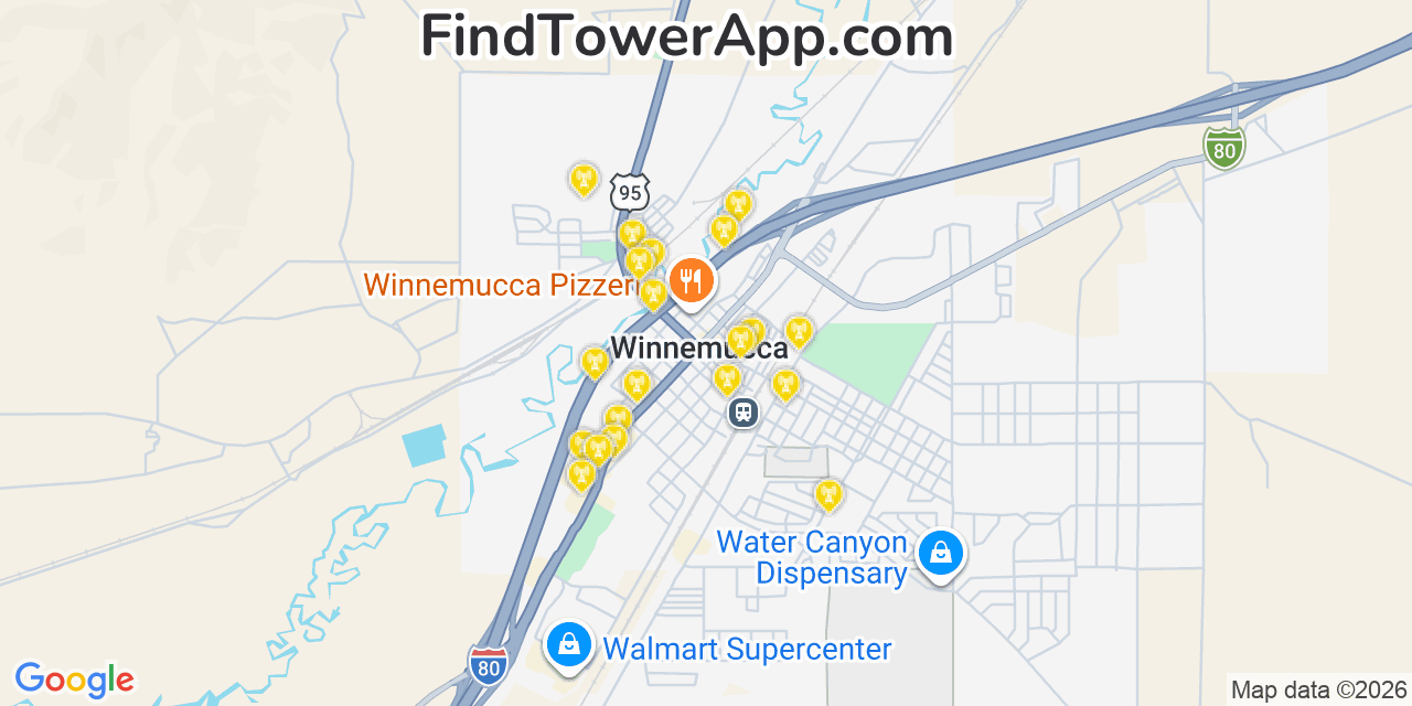 Map showing the 20 primary cell tower locations detected in Winnemucca, Nevada from AT&T, Verizon, and T-Mobile networks