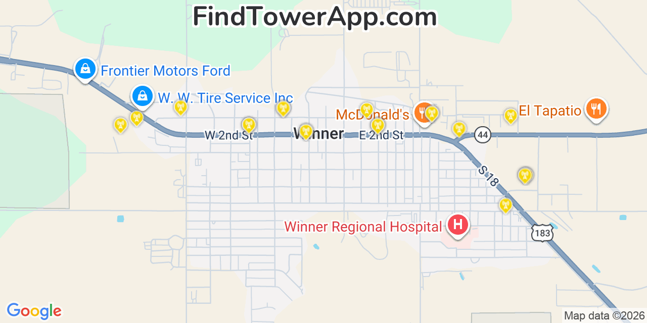 Map showing the 20 primary cell tower locations detected in Winner, South Dakota from AT&T, Verizon, and T-Mobile networks