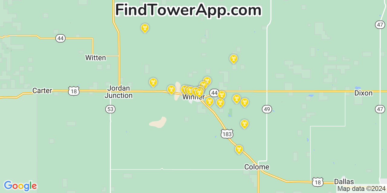 Verizon 4G/5G cell tower coverage map Winner, South Dakota