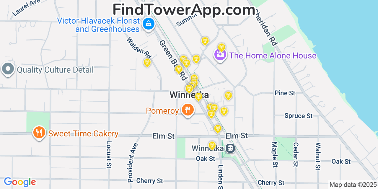 Map showing the 20 primary cell tower locations detected in Winnetka, Illinois from AT&T, Verizon, and T-Mobile networks