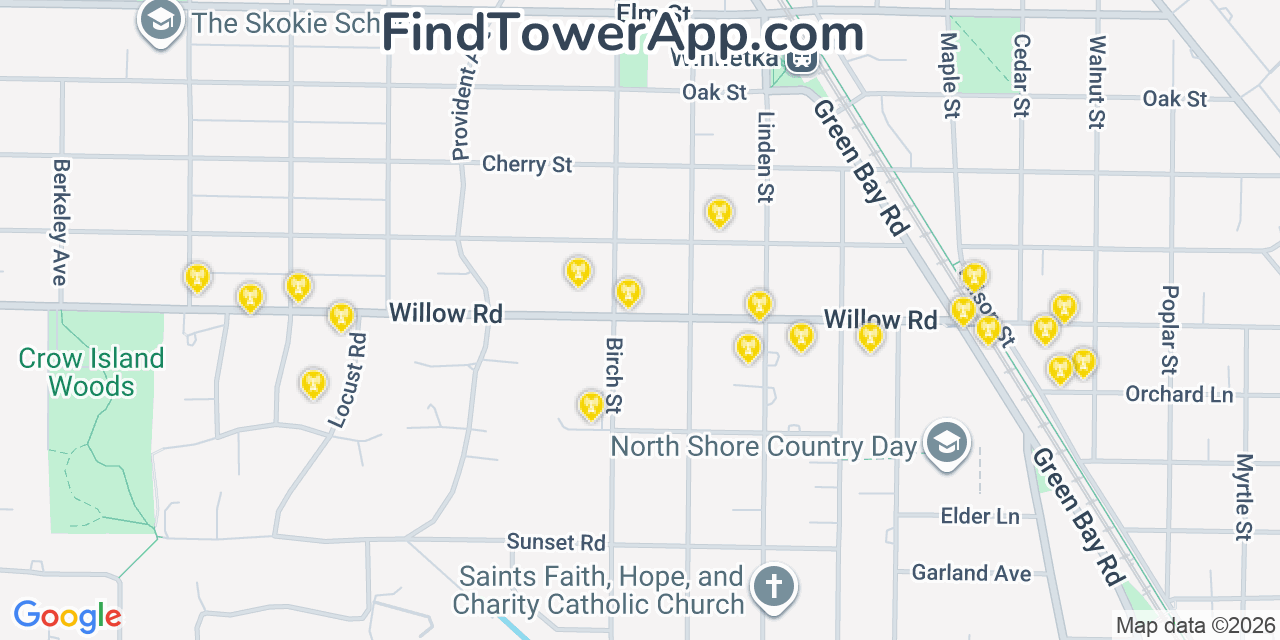 Map showing the 20 primary cell tower locations detected in Winnetka, Illinois from AT&T, Verizon, and T-Mobile networks