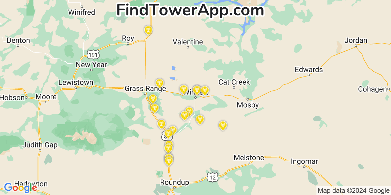 AT&T 4G/5G cell tower coverage map Winnett, Montana