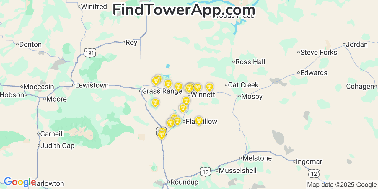 Map showing the 20 primary cell tower locations detected in Winnett, Montana from AT&T, Verizon, and T-Mobile networks