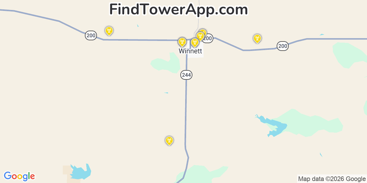 Map showing the 20 primary cell tower locations detected in Winnett, Montana from AT&T, Verizon, and T-Mobile networks