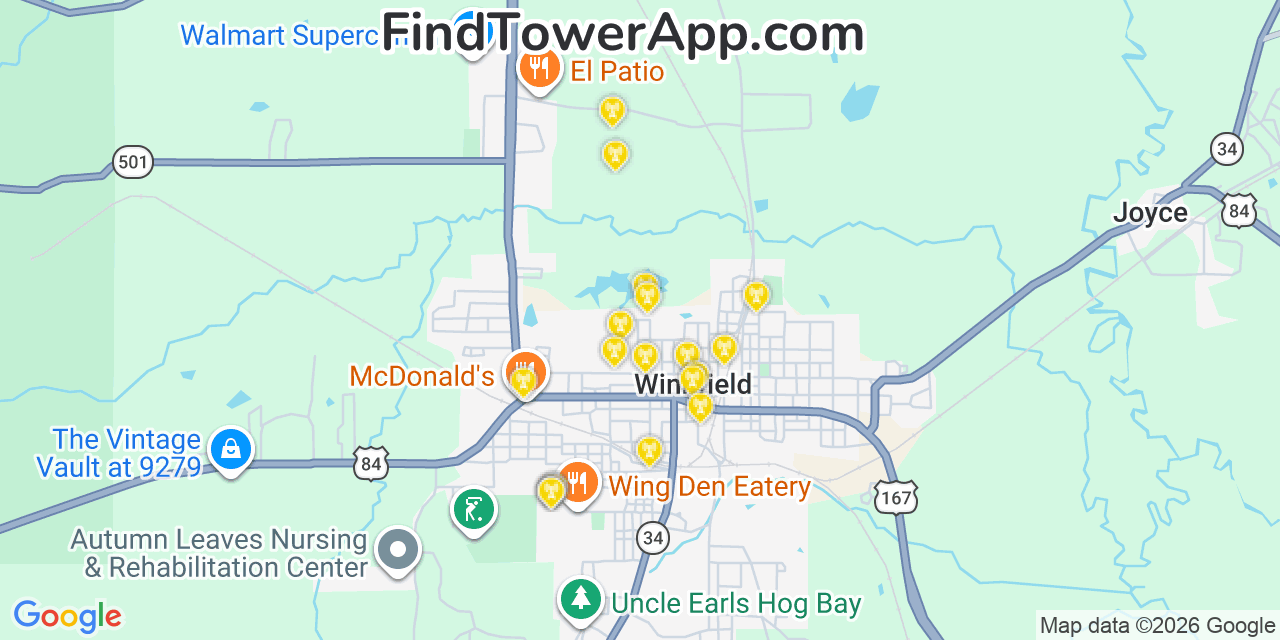 Map showing the 20 primary cell tower locations detected in Winnfield, Louisiana from AT&T, Verizon, and T-Mobile networks
