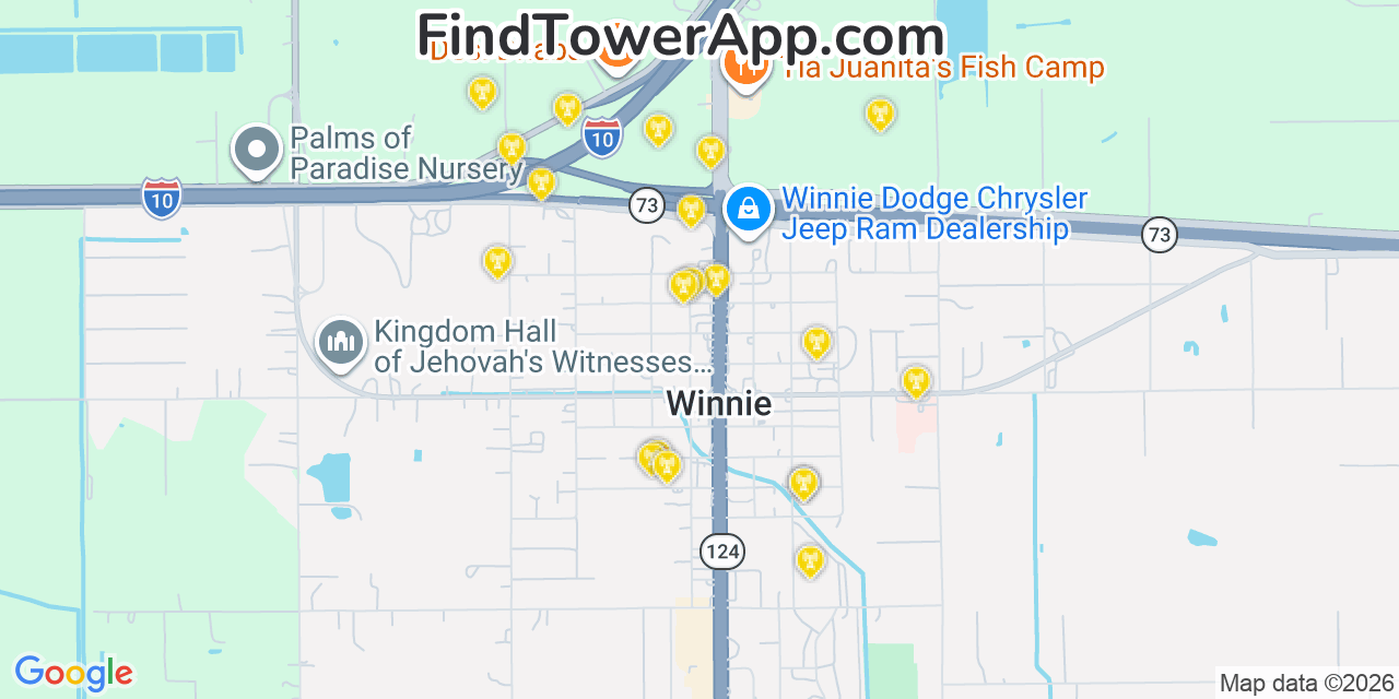 Map showing the 20 primary cell tower locations detected in Winnie, Texas from AT&T, Verizon, and T-Mobile networks