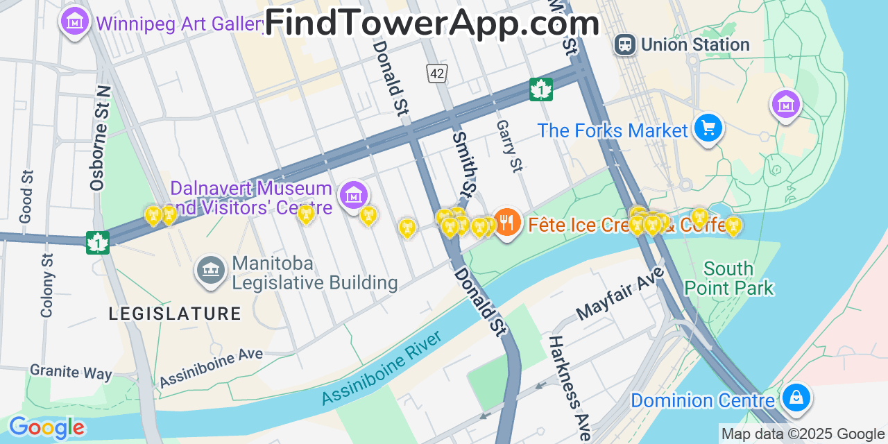 Map showing the 20 primary cell tower locations detected in Winnipeg, Canada with coverage areas and signal strength