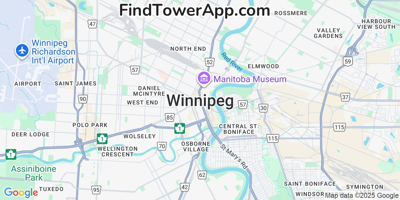 Map showing the 0 primary Virgin-Mobile cell tower locations detected in Winnipeg, Canada with coverage radius and signal strength indicators