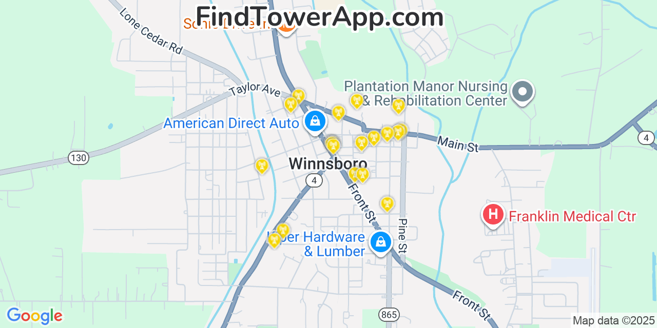 Map showing the 20 primary cell tower locations detected in Winnsboro, Louisiana from AT&T, Verizon, and T-Mobile networks