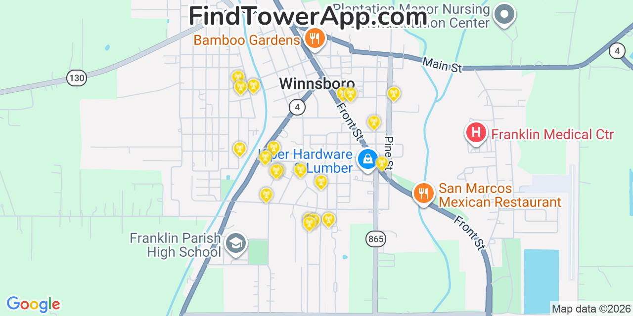 Map showing the 20 primary cell tower locations detected in Winnsboro, Louisiana from AT&T, Verizon, and T-Mobile networks