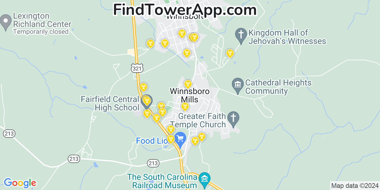 AT&T 4G/5G cell tower coverage map Winnsboro Mills, South Carolina