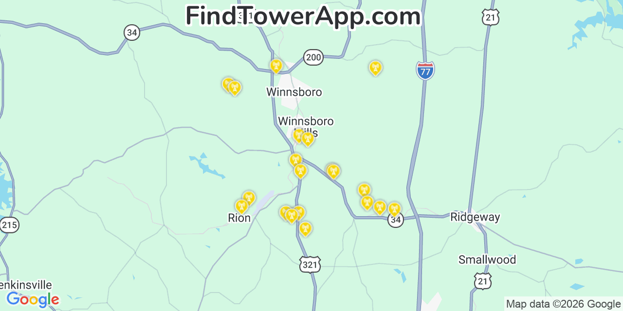 Map showing the 20 primary cell tower locations detected in Winnsboro Mills, South Carolina from AT&T, Verizon, and T-Mobile networks