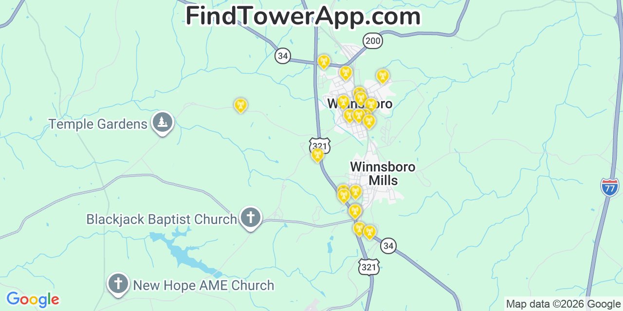 Map showing the 20 primary cell tower locations detected in Winnsboro, South Carolina from AT&T, Verizon, and T-Mobile networks