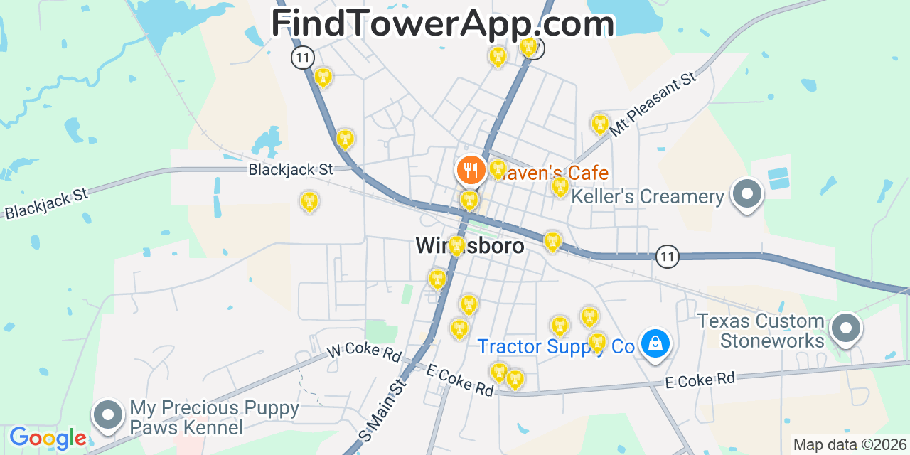 Map showing the 20 primary cell tower locations detected in Winnsboro, Texas from AT&T, Verizon, and T-Mobile networks