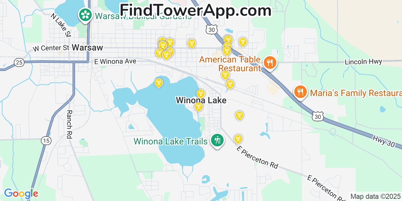 Map showing the 20 primary cell tower locations detected in Winona Lake, Indiana from AT&T, Verizon, and T-Mobile networks
