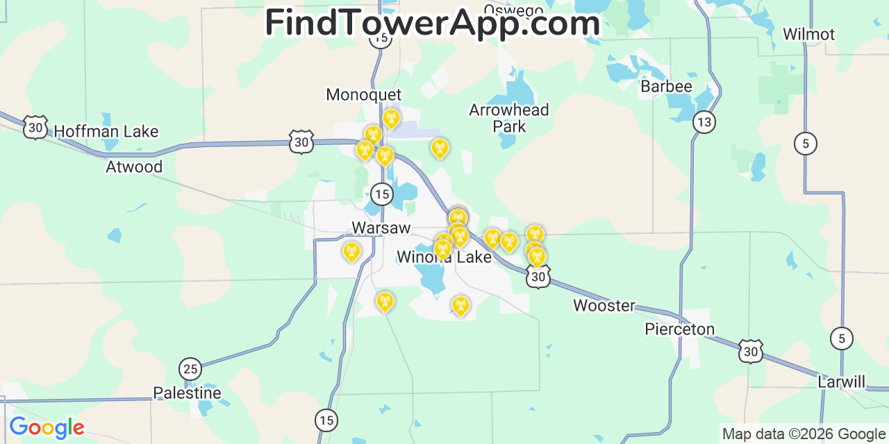 Map showing the 20 primary cell tower locations detected in Winona Lake, Indiana from AT&T, Verizon, and T-Mobile networks