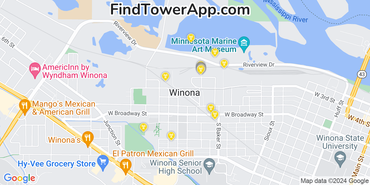 AT&T 4G/5G cell tower coverage map Winona, Minnesota