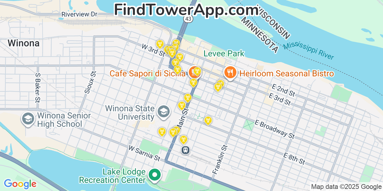Map showing the 20 primary cell tower locations detected in Winona, Minnesota from AT&T, Verizon, and T-Mobile networks
