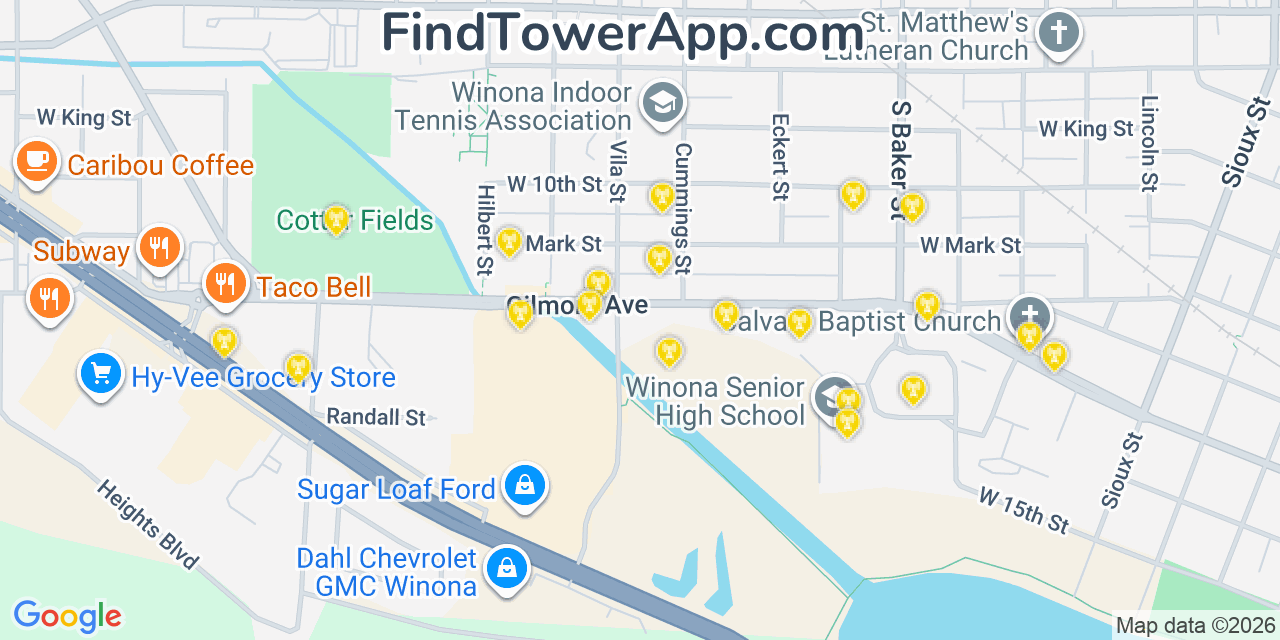 Map showing the 20 primary cell tower locations detected in Winona, Minnesota from AT&T, Verizon, and T-Mobile networks