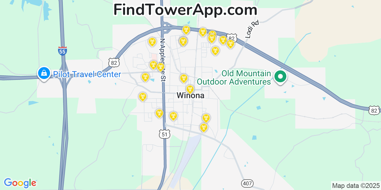 Map showing the 20 primary cell tower locations detected in Winona, Mississippi from AT&T, Verizon, and T-Mobile networks