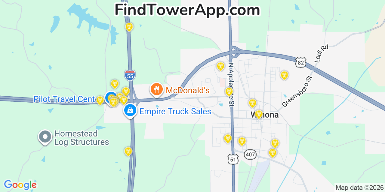Map showing the 20 primary cell tower locations detected in Winona, Mississippi from AT&T, Verizon, and T-Mobile networks