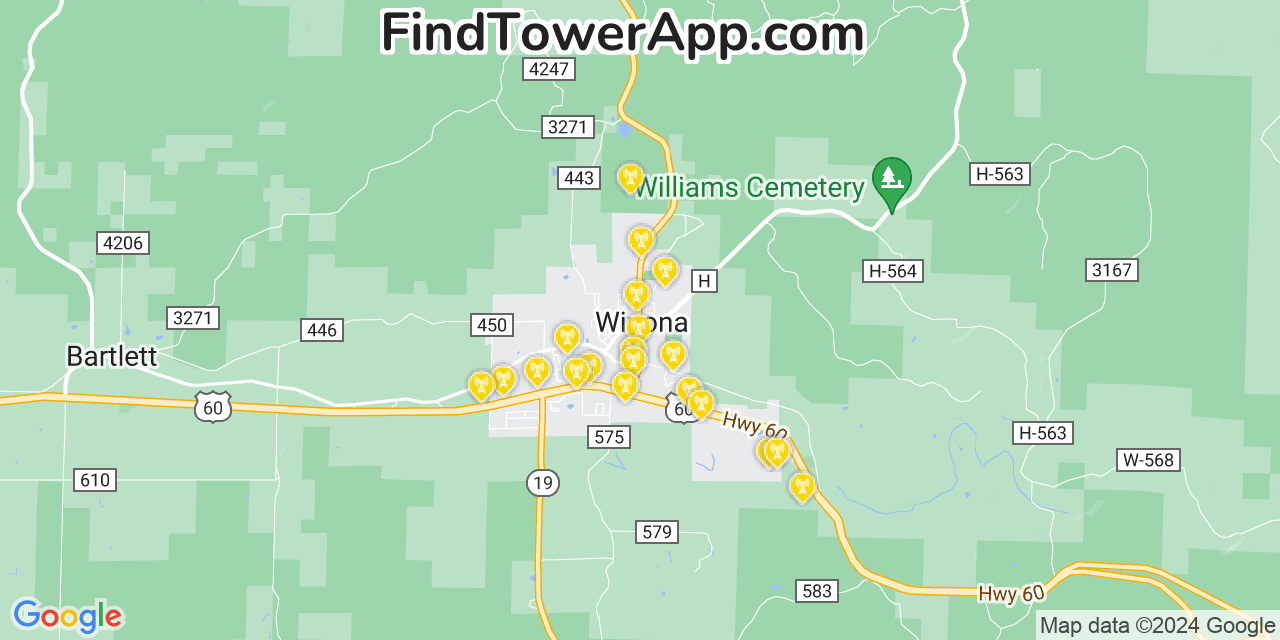 AT&T 4G/5G cell tower coverage map Winona, Missouri