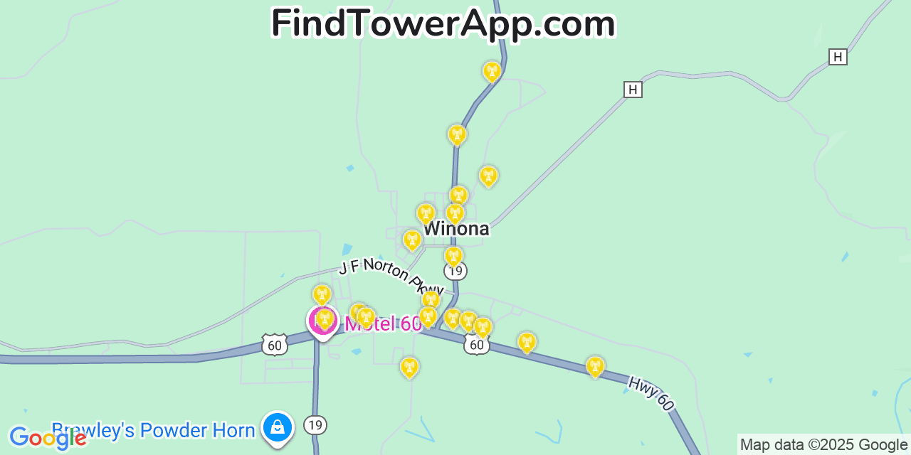Map showing the 20 primary cell tower locations detected in Winona, Missouri from AT&T, Verizon, and T-Mobile networks