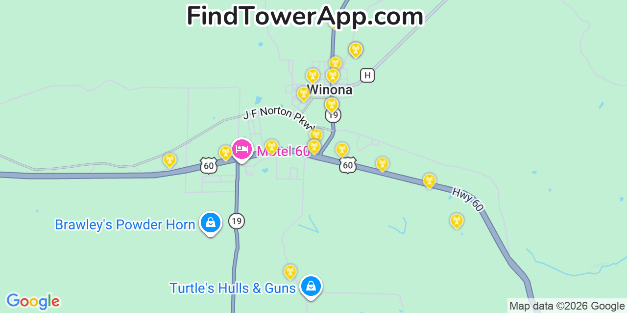 Map showing the 20 primary cell tower locations detected in Winona, Missouri from AT&T, Verizon, and T-Mobile networks