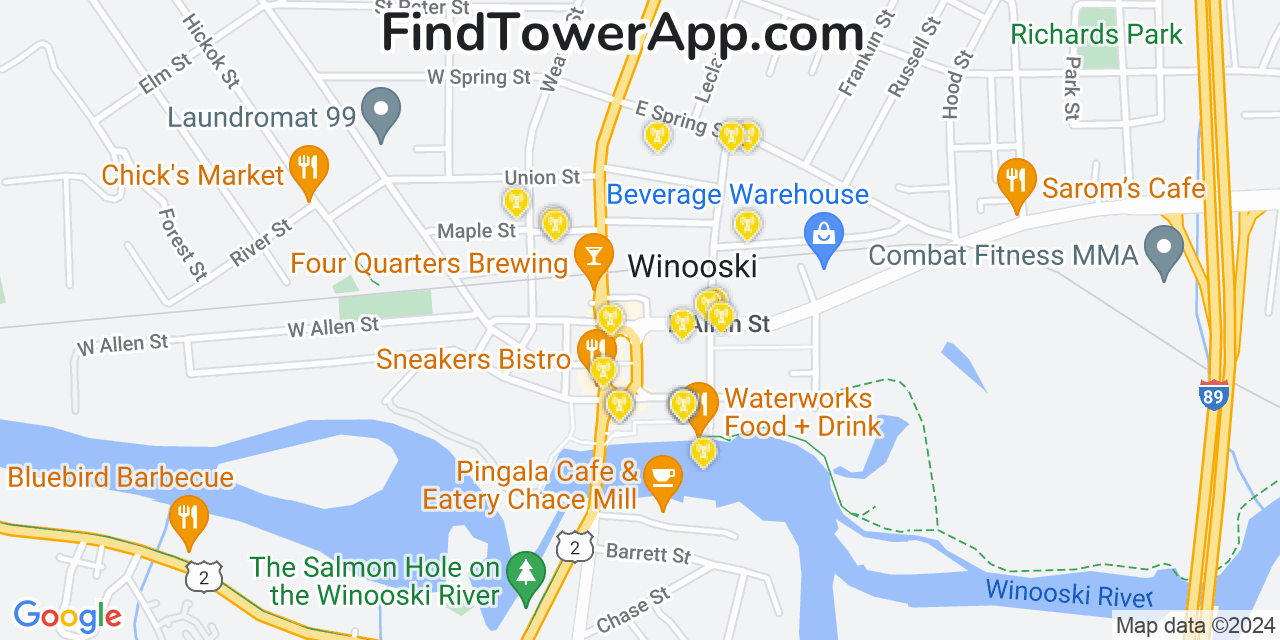 AT&T 4G/5G cell tower coverage map Winooski, Vermont