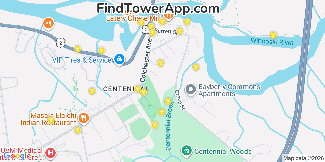 Map showing the 20 primary cell tower locations detected in Winooski, Vermont from AT&T, Verizon, and T-Mobile networks