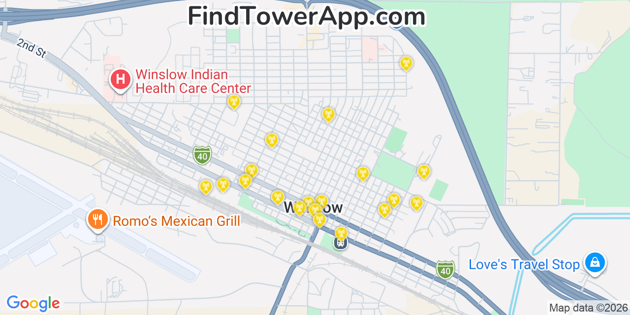 Map showing the 20 primary cell tower locations detected in Winslow, Arizona from AT&T, Verizon, and T-Mobile networks