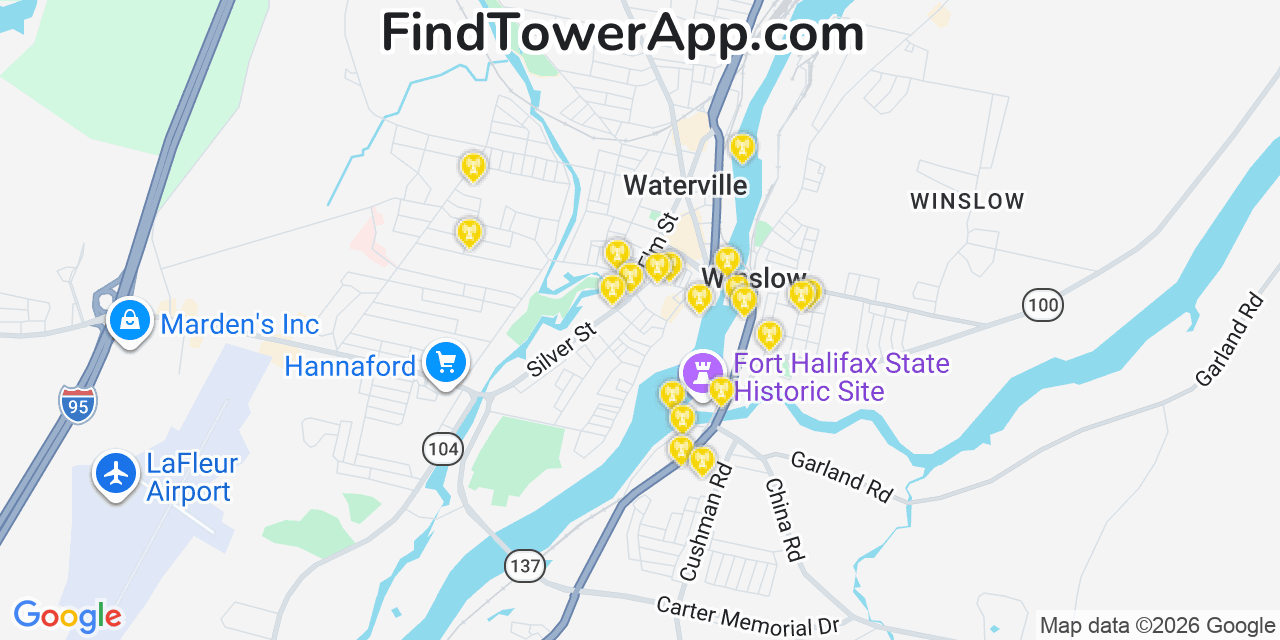 Map showing the 20 primary cell tower locations detected in Winslow, Maine from AT&T, Verizon, and T-Mobile networks