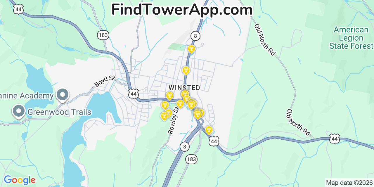 Map showing the 20 primary cell tower locations detected in Winsted, Connecticut from AT&T, Verizon, and T-Mobile networks