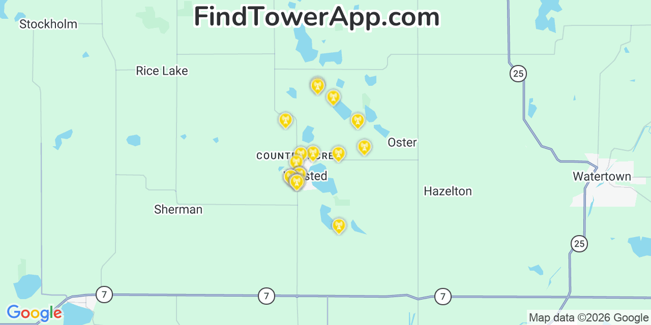 Map showing the 20 primary cell tower locations detected in Winsted, Minnesota from AT&T, Verizon, and T-Mobile networks